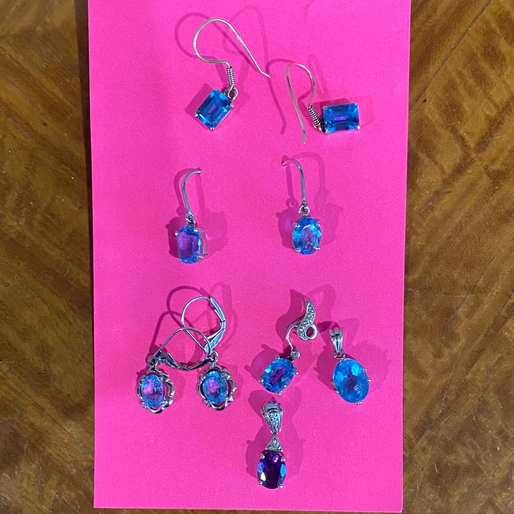 Elegant Blue Topaz 3 Earrings 2 Pendants and 1 Amethyst Pendant Gemstone Jewelry